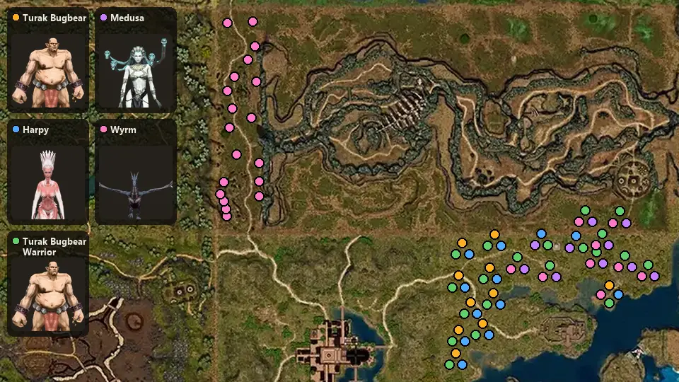 Map: where Turak Bugbear, Harpy, Turak Bugbear Warrior, Medusa, Wyrm spawn