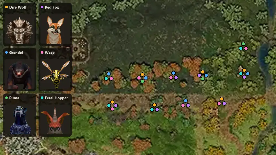 Map: where Dire Wolf, Grendel, Puma, Red Fox, Wasp, Feral Hopper spawn