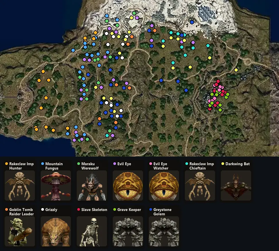 Карта: где стоят Rakeclaw Imp Hunter, Mountain Fungus, Maraku Werewolf, Evil Eye, Evil Eye Watcher, Rakeclaw Imp Chieftain, Darkwing Bat, Goblin Tomb Raider Leader, Grizzly, Slave Skeleton, Grave Keeper, Greystone Golem