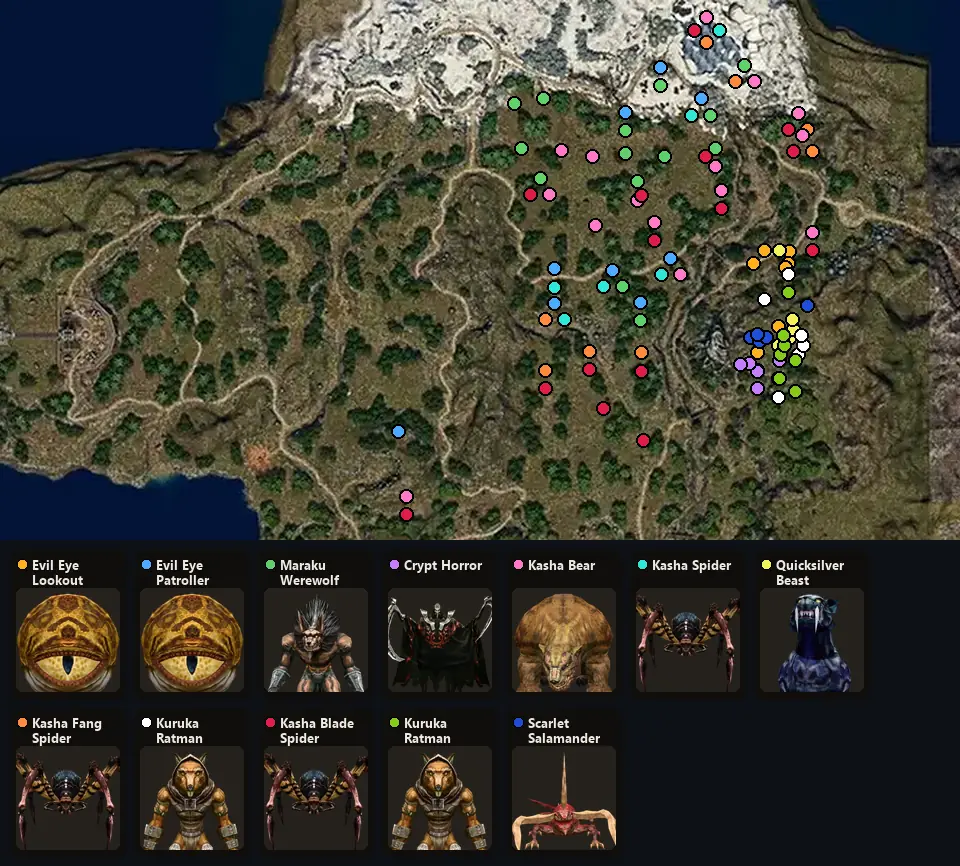 Карта: где стоят Evil Eye Lookout, Evil Eye Patroller, Maraku Werewolf Chieftain, Crypt Horror, Kasha Bear, Kasha Spider, Quicksilver Beast, Kasha Fang Spider, Kuruka Ratman, Kasha Blade Spider, Kuruka Ratman Hunter, Scarlet Salamander