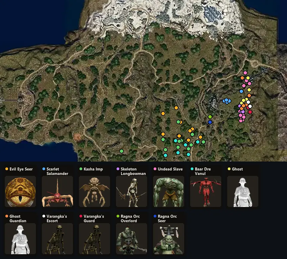 Карта: где стоят Evil Eye Seer, Scarlet Salamander Elder, Kasha Imp, Skeleton Longbowman, Undead Slave, Baar Dre Vanul, Ghost, Ghost Guardian, Varangka's Escort, Varangka's Guard, Ragna Orc Overlord, Ragna Orc Seer