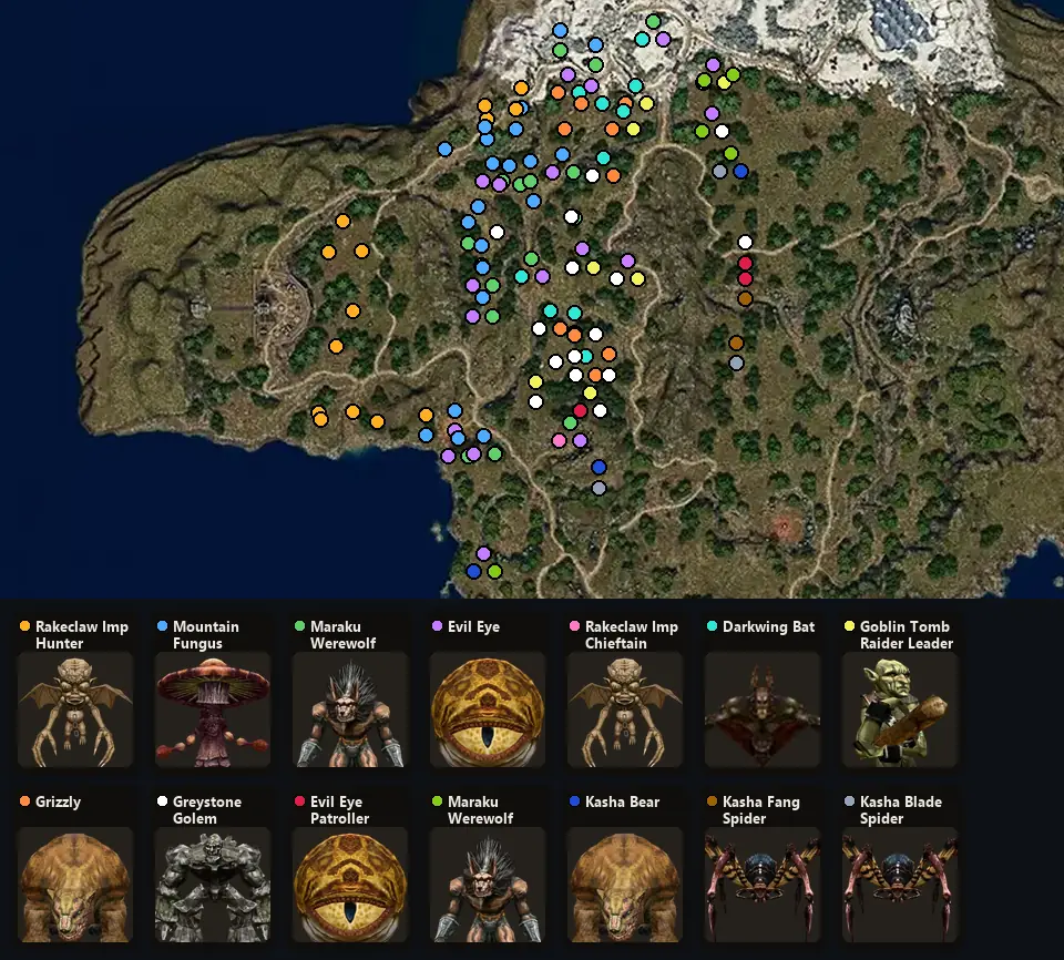 Map: where Rakeclaw Imp Hunter, Mountain Fungus, Maraku Werewolf, Evil Eye, Rakeclaw Imp Chieftain, Darkwing Bat, Goblin Tomb Raider Leader, Grizzly, Greystone Golem, Evil Eye Patroller, Maraku Werewolf Chieftain, Kasha Bear, Kasha Fang Spider, Kasha Blade Spider spawn