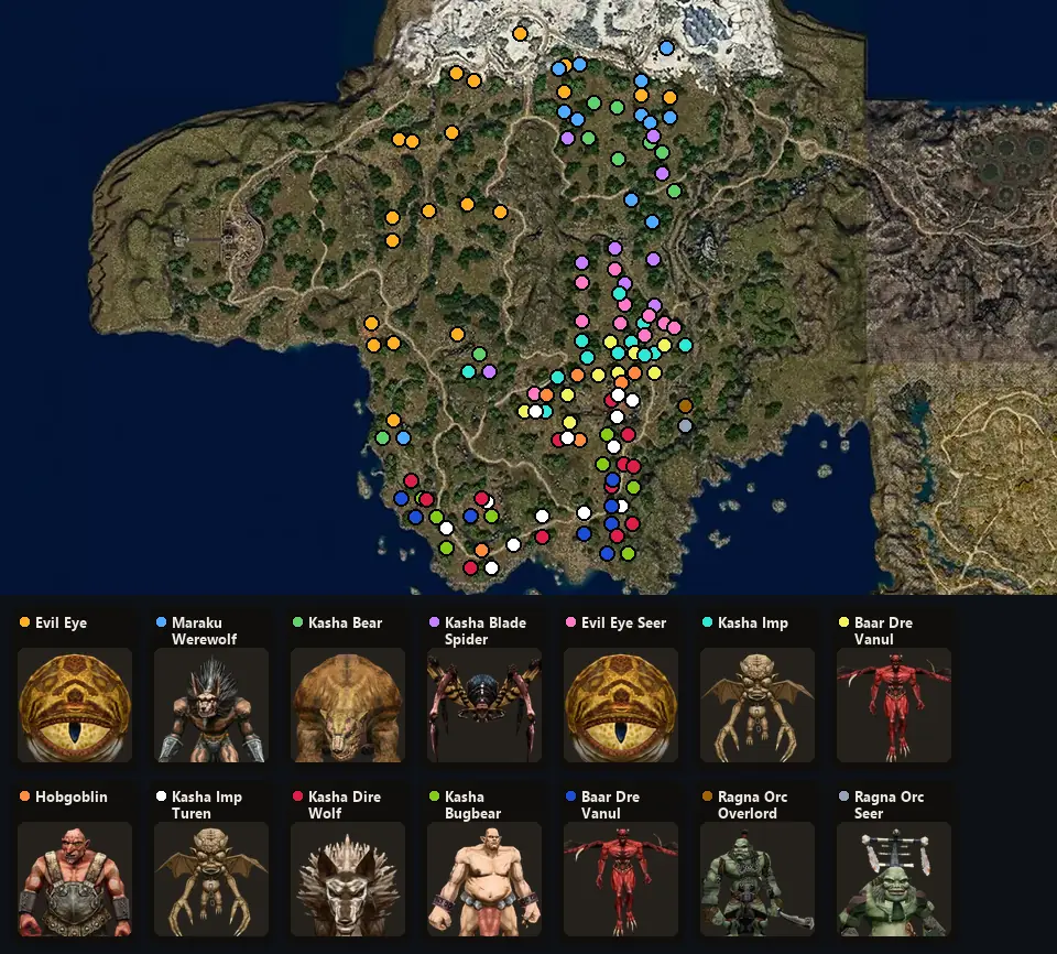 Карта: где стоят Evil Eye, Maraku Werewolf Chieftain, Kasha Bear, Kasha Blade Spider, Evil Eye Seer, Kasha Imp, Baar Dre Vanul, Hobgoblin, Kasha Imp Turen, Kasha Dire Wolf, Kasha Bugbear, Baar Dre Vanul Destroyer, Ragna Orc Overlord, Ragna Orc Seer