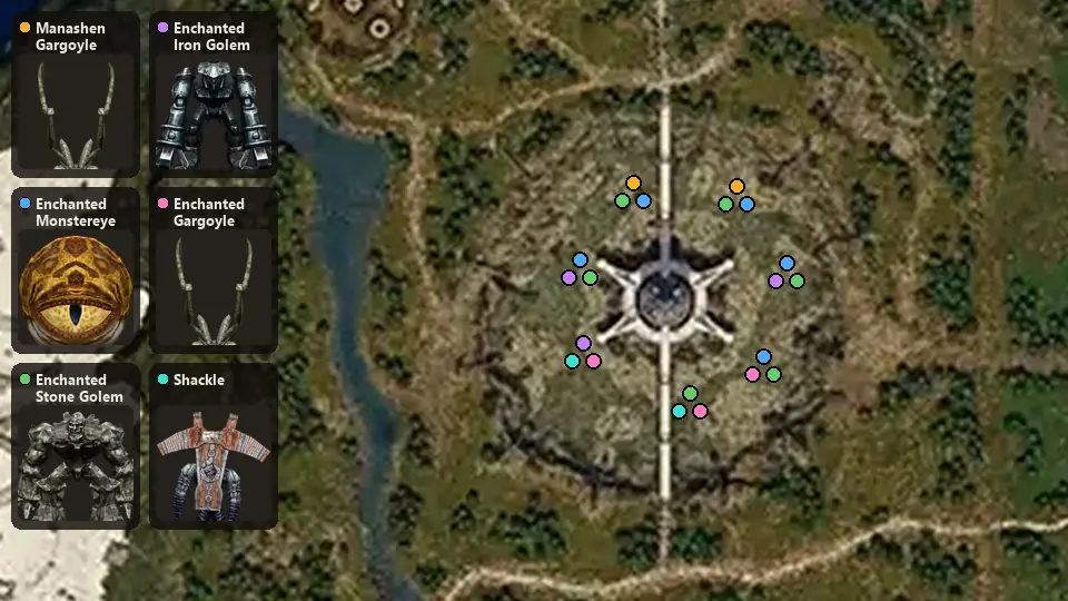 Map: where Manashen Gargoyle, Enchanted Monstereye, Enchanted Stone Golem, Enchanted Iron Golem, Enchanted Gargoyle, Shackle spawn