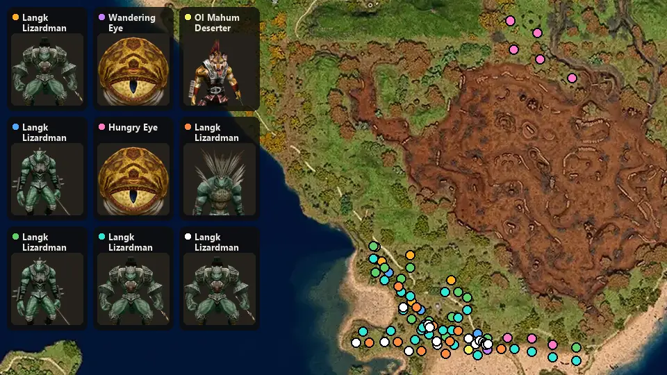 Карта: где стоят Langk Lizardman Warrior, Langk Lizardman Scout, Langk Lizardman Sentinel, Wandering Eye, Hungry Eye, Langk Lizardman Lieutenant, Ol Mahum Deserter, Langk Lizardman Shaman, Langk Lizardman Leader