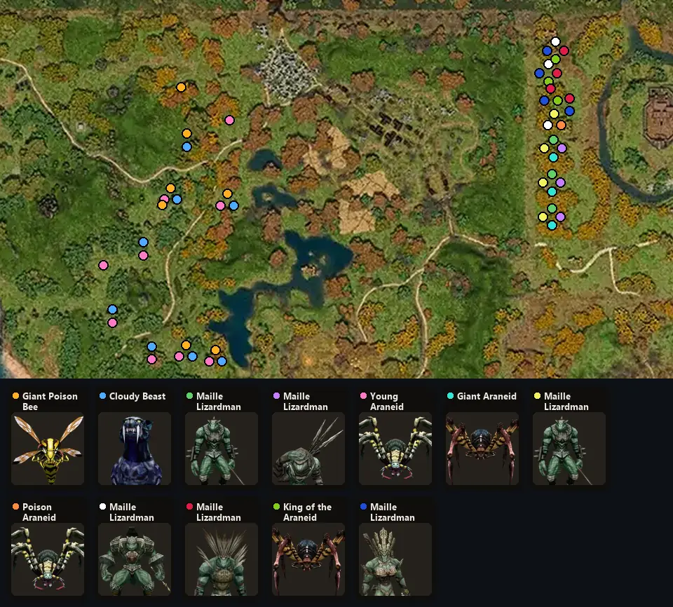 Map: where Giant Poison Bee, Cloudy Beast, Maille Lizardman, Maille Lizardman Scout, Young Araneid, Giant Araneid, Maille Lizardman Guard, Poison Araneid, Maille Lizardman Warrior, Maille Lizardman Shaman, King of the Araneid, Maille Lizardman Matriarch spawn