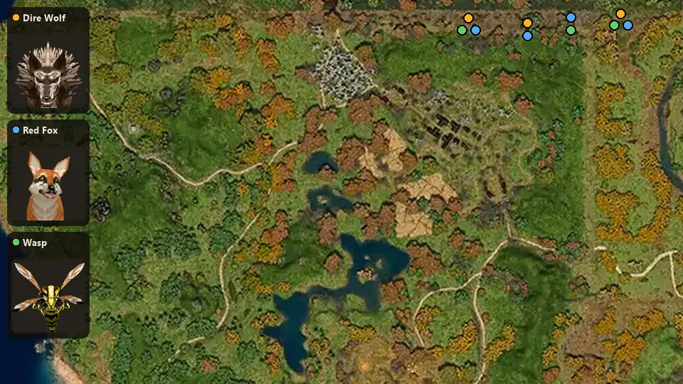 Map: where Dire Wolf, Red Fox, Wasp spawn