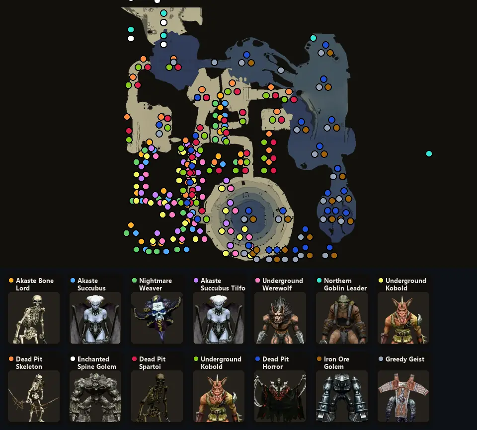 Map: where Akaste Bone Lord, Akaste Succubus Turen, Nightmare Weaver, Akaste Succubus Tilfo, Underground Werewolf, Northern Goblin Leader, Underground Kobold, Dead Pit Skeleton Archer, Enchanted Spine Golem, Dead Pit Spartoi, Underground Kobold Warrior, Dead Pit Horror, Iron Ore Golem, Greedy Geist spawn