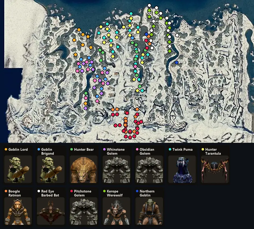 Map: where Goblin Lord, Goblin Brigand Leader, Hunter Bear, Whinstone Golem, Obsidian Golem, Twink Puma, Hunter Tarantula, Boogle Ratman Leader, Red Eye Barbed Bat, Pitchstone Golem, Kerope Werewolf, Northern Goblin spawn