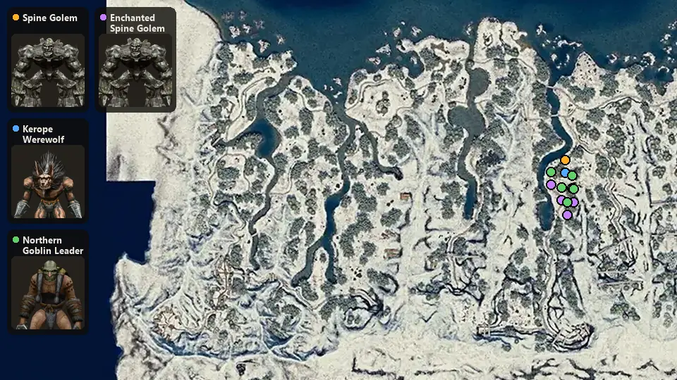 Map: where Spine Golem, Kerope Werewolf Chief, Northern Goblin Leader, Enchanted Spine Golem spawn