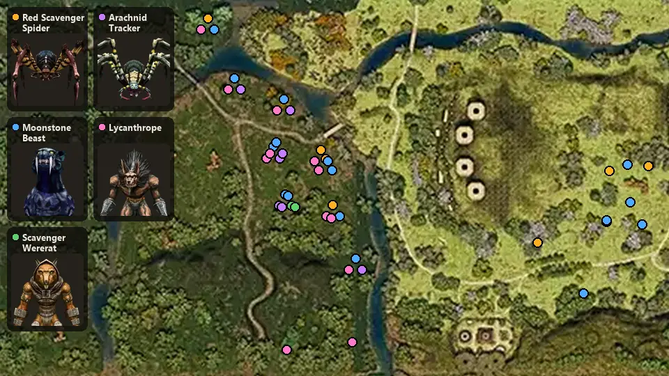 Карта: где стоят Red Scavenger Spider, Moonstone Beast, Scavenger Wererat, Arachnid Tracker, Lycanthrope
