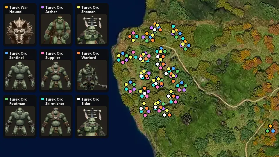 Map: where Turek War Hound, Turek Orc Sentinel, Turek Orc Footman, Turek Orc Archer, Turek Orc Supplier, Turek Orc Skirmisher, Turek Orc Shaman, Turek Orc Warlord, Turek Orc Elder spawn