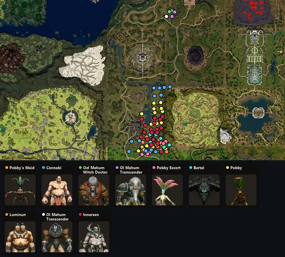 Карта: где стоят Pobby's Maid, Connabi, Oel Mahum Witch Doctor, Ol Mahum Transcender, Pobby Escort, Bartal, Pobby, Luminun, Ol Mahum Transcender, Innersen