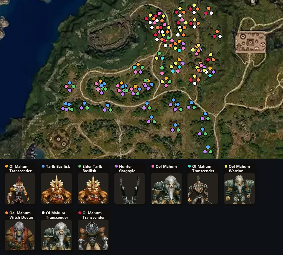 Карта: где стоят Ol Mahum Transcender, Tarlk Basilisk, Elder Tarlk Basilisk, Hunter Gargoyle, Oel Mahum, Ol Mahum Transcender, Oel Mahum Warrior, Oel Mahum Witch Doctor, Ol Mahum Transcender, Ol Mahum Transcender