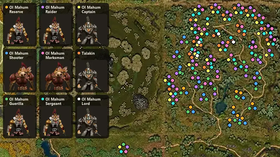 Map: where Ol Mahum Reserve, Ol Mahum Shooter, Ol Mahum Guerilla, Ol Mahum Raider, Ol Mahum Marksman, Ol Mahum Sergeant, Ol Mahum Captain, Talakin, Ol Mahum Lord spawn