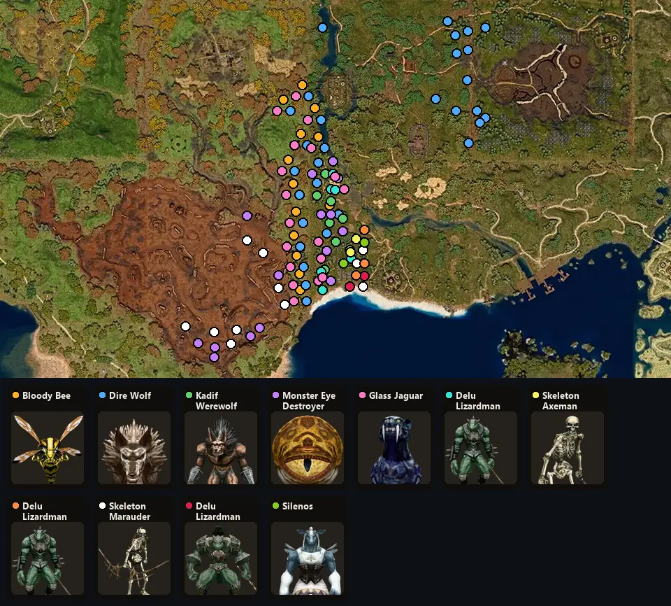 Map: where Bloody Bee, Dire Wolf, Kadif Werewolf, Monster Eye Destroyer, Glass Jaguar, Delu Lizardman, Skeleton Axeman, Delu Lizardman Scout, Skeleton Marauder, Delu Lizardman Warrior, Silenos spawn