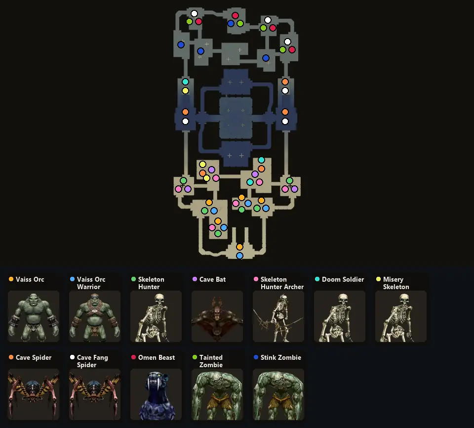 Карта: где стоят Vaiss Orc, Vaiss Orc Warrior Leader, Skeleton Hunter, Cave Bat, Skeleton Hunter Archer, Doom Soldier, Misery Skeleton, Cave Spider, Cave Fang Spider, Omen Beast, Tainted Zombie, Stink Zombie