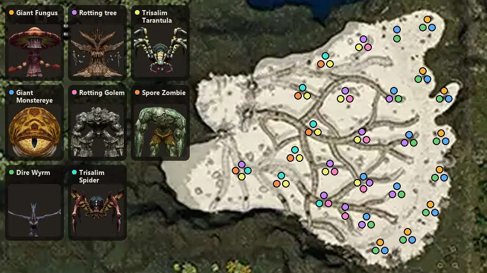 Карта: где стоят Giant Fungus, Giant Monstereye, Dire Wyrm, Rotting tree, Rotting Golem, Trisalim Spider, Trisalim Tarantula, Spore Zombie