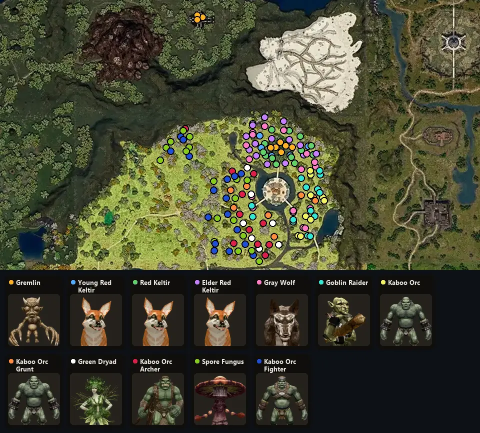 Map: where Gremlin, Young Red Keltir, Red Keltir, Elder Red Keltir, Gray Wolf, Goblin Raider, Kaboo Orc, Kaboo Orc Grunt, Green Dryad, Kaboo Orc Archer, Spore Fungus, Kaboo Orc Fighter spawn