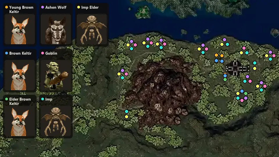 Map: where Young Brown Keltir, Brown Keltir, Elder Brown Keltir, Ashen Wolf, Goblin, Imp, Imp Elder spawn