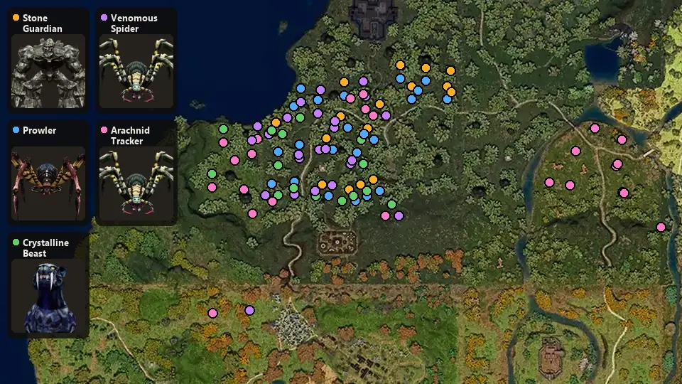Map: where Stone Guardian, Prowler, Crystalline Beast, Venomous Spider, Arachnid Tracker spawn