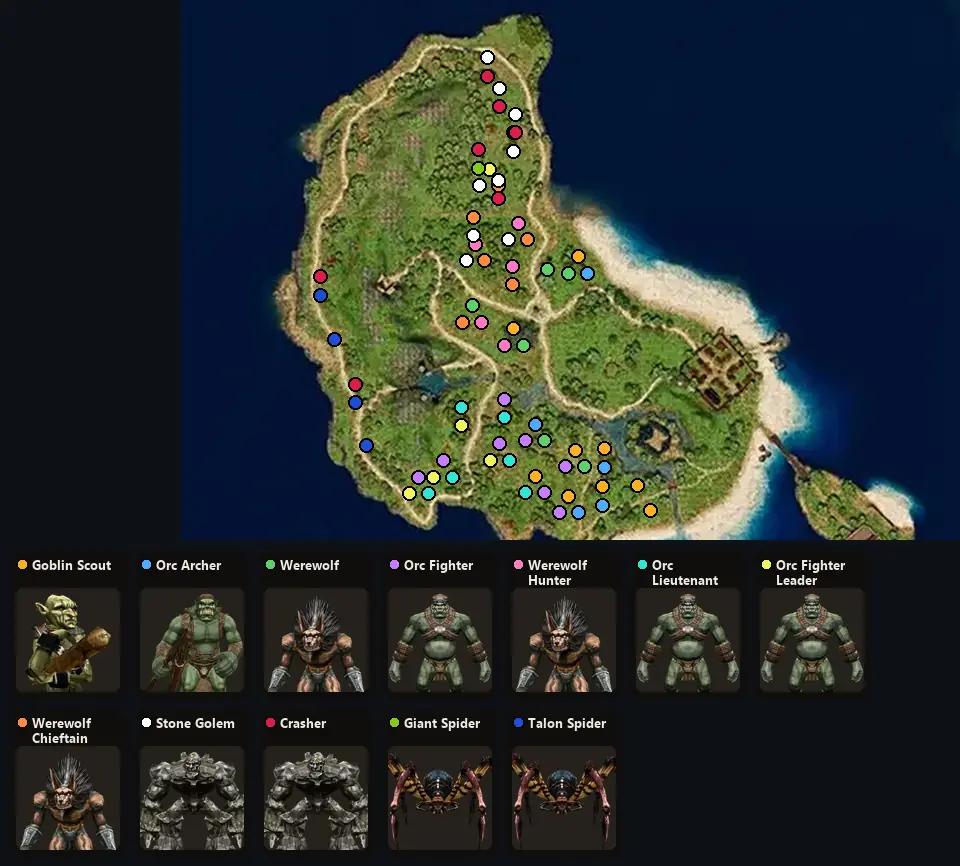 Карта: где стоят Goblin Scout, Orc Archer, Werewolf, Orc Fighter, Werewolf Hunter, Orc Lieutenant, Orc Fighter Leader, Werewolf Chieftain, Stone Golem, Crasher, Giant Spider, Talon Spider