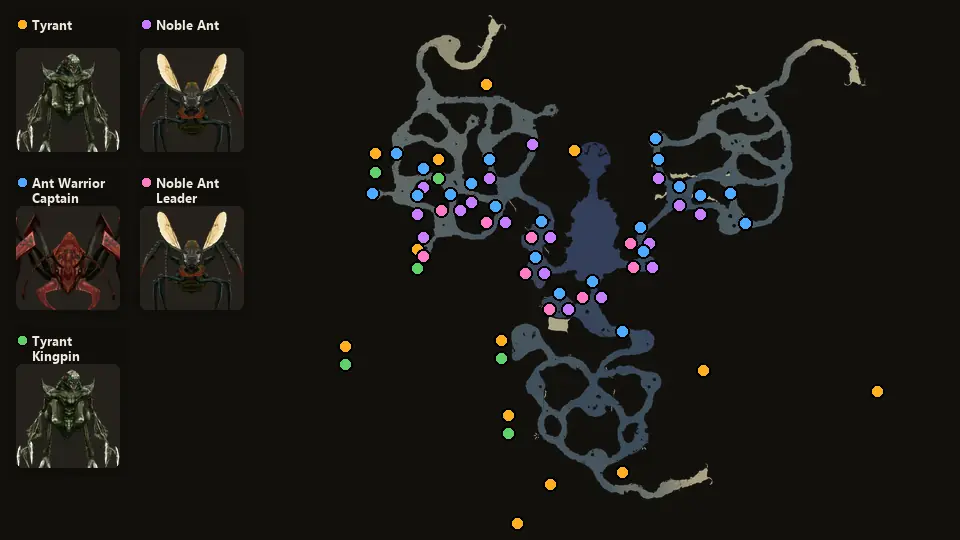 Карта: где стоят Tyrant, Ant Warrior Captain, Tyrant Kingpin, Noble Ant, Noble Ant Leader