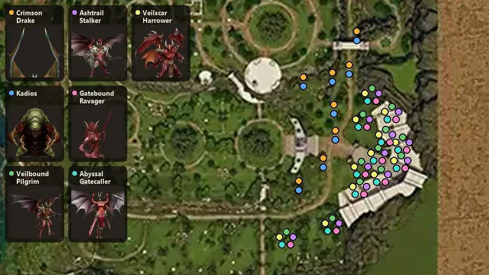 Map: where Crimson Drake, Kadios, Veilbound Pilgrim, Ashtrail Stalker, Gatebound Ravager, Abyssal Gatecaller, Veilscar Harrower spawn