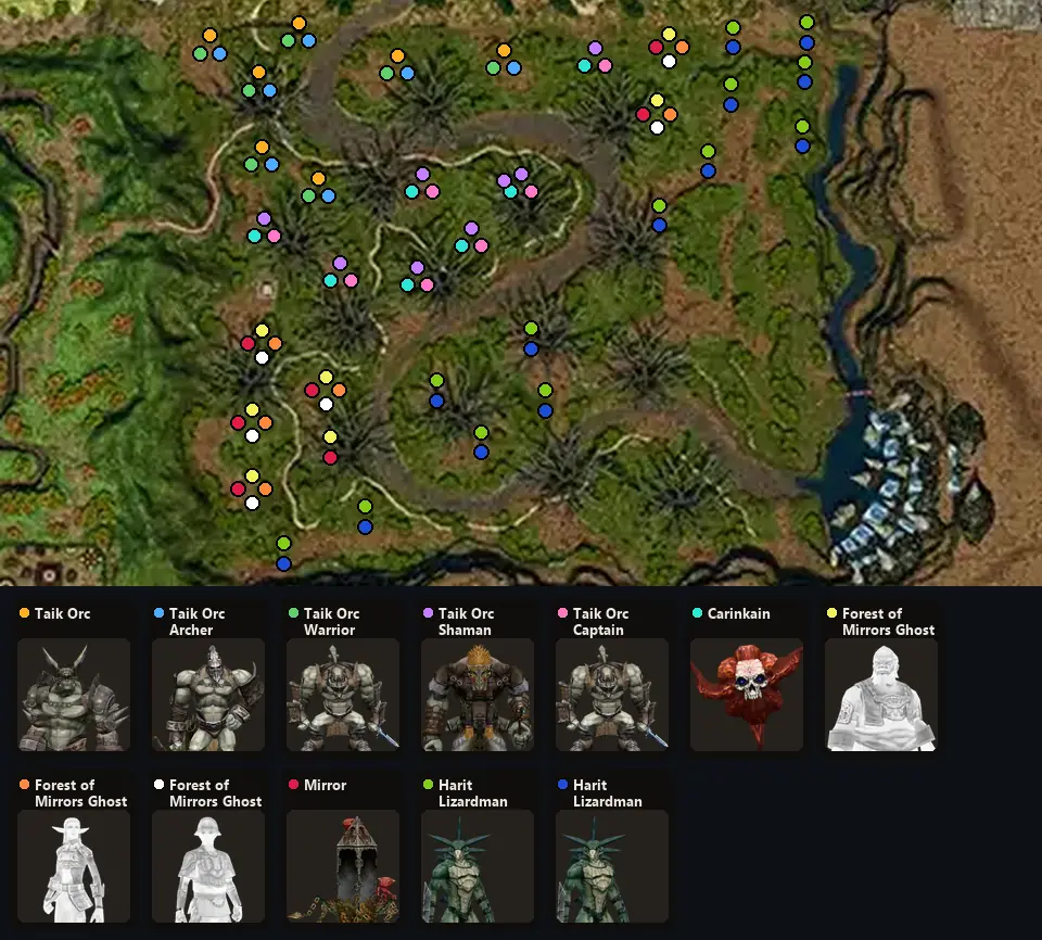 Карта: где стоят Taik Orc, Taik Orc Archer, Taik Orc Warrior, Taik Orc Shaman, Taik Orc Captain, Carinkain, Forest of Mirrors Ghost, Forest of Mirrors Ghost, Forest of Mirrors Ghost, Mirror, Harit Lizardman, Harit Lizardman Grunt