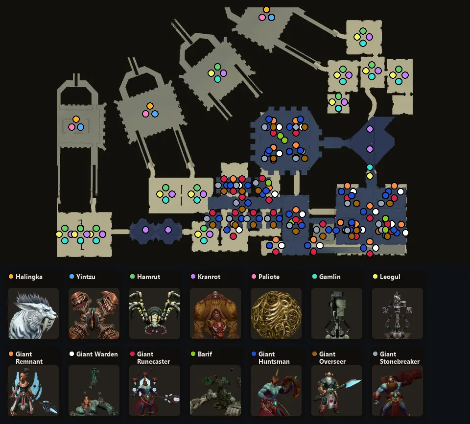 Карта: где стоят Halingka, Yintzu, Hamrut, Kranrot, Paliote, Gamlin, Leogul, Giant Remnant, Giant Warden, Giant Runecaster, Barif, Giant Huntsman, Giant Overseer, Giant Stonebreaker