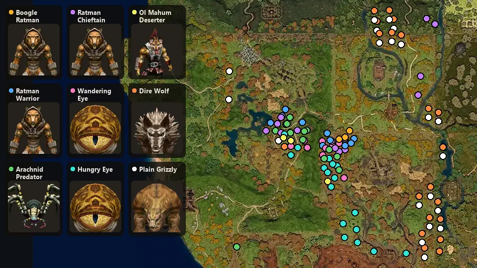 Map: where Boogle Ratman Leader, Ratman Warrior, Arachnid Predator, Ratman Chieftain, Wandering Eye, Hungry Eye, Ol Mahum Deserter, Dire Wolf, Plain Grizzly spawn