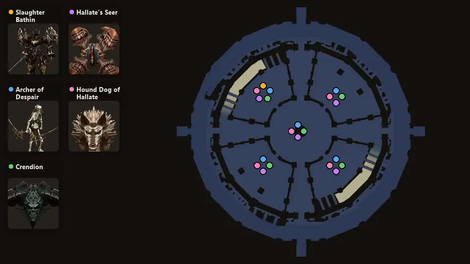 Map: where Slaughter Bathin, Archer of Despair, Crendion, Hallate's Seer, Hound Dog of Hallate spawn