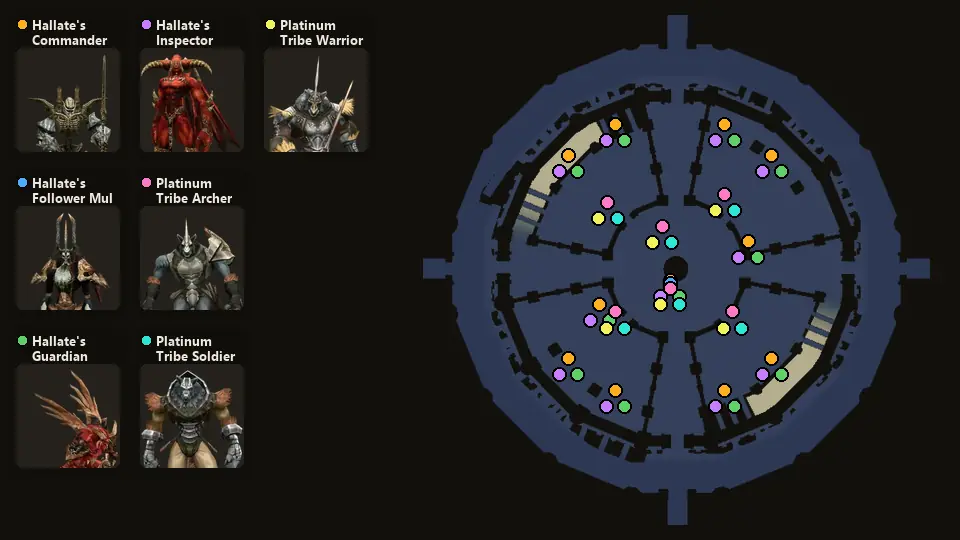 Карта: где стоят Hallate's Commander, Hallate's Follower Mul, Hallate's Guardian, Hallate's Inspector, Platinum Tribe Archer, Platinum Tribe Soldier, Platinum Tribe Warrior