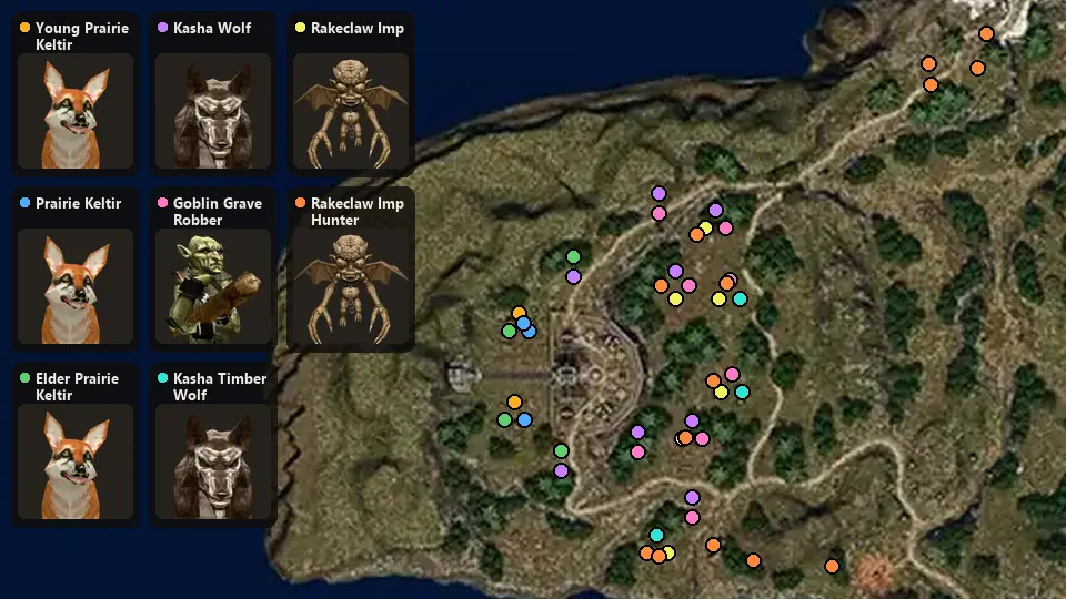Map: where Young Prairie Keltir, Prairie Keltir, Elder Prairie Keltir, Kasha Wolf, Goblin Grave Robber, Kasha Timber Wolf, Rakeclaw Imp, Rakeclaw Imp Hunter spawn