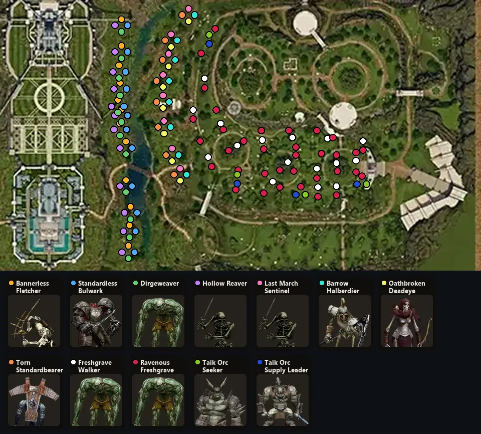 Map: where Bannerless Fletcher, Standardless Bulwark, Dirgeweaver, Hollow Reaver, Last March Sentinel, Barrow Halberdier, Oathbroken Deadeye, Torn Standardbearer, Freshgrave Walker, Ravenous Freshgrave Walker, Taik Orc Seeker, Taik Orc Supply Leader spawn