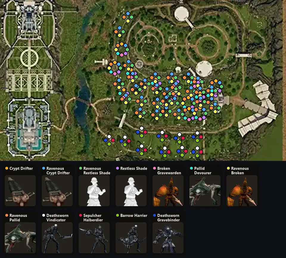 Map: where Crypt Drifter, Ravenous Crypt Drifter, Ravenous Restless Shade, Restless Shade, Broken Gravewarden, Pallid Devourer, Ravenous Broken Gravewarden, Ravenous Pallid Devourer, Deathsworn Vindicator, Sepulcher Halberdier, Barrow Harrier, Deathsworn Gravebinder spawn