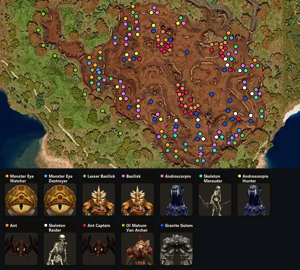 Карта: где стоят Monster Eye Watcher, Monster Eye Destroyer, Lesser Basilisk, Basilisk, Androscorpio, Skeleton Marauder, Androscorpio Hunter, Ant, Skeleton Raider, Ant Captain, Ol Mahum Van Archer, Granite Golem