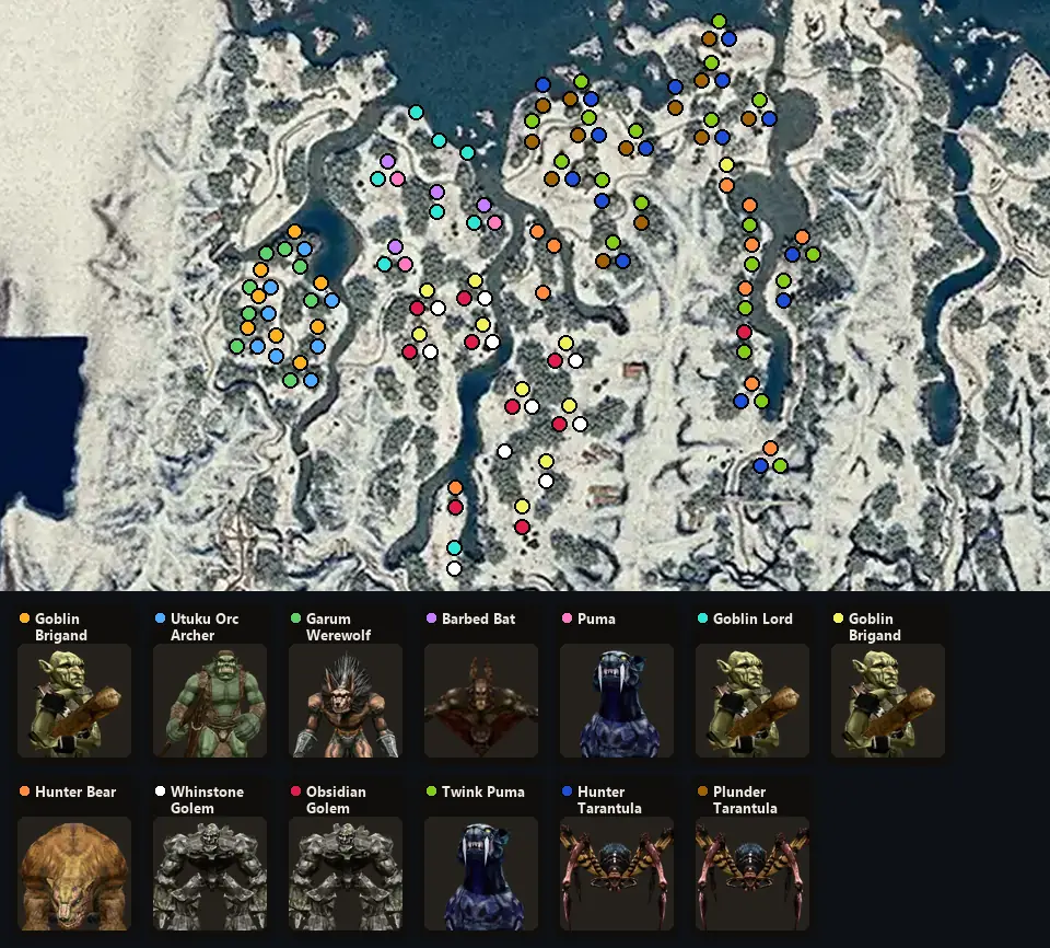 Map: where Goblin Brigand, Utuku Orc Archer, Garum Werewolf, Barbed Bat, Puma, Goblin Lord, Goblin Brigand Leader, Hunter Bear, Whinstone Golem, Obsidian Golem, Twink Puma, Hunter Tarantula, Plunder Tarantula spawn