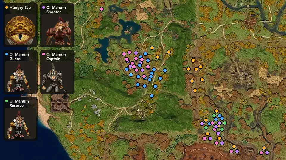 Map: where Hungry Eye, Ol Mahum Guard, Ol Mahum Reserve, Ol Mahum Shooter, Ol Mahum Captain spawn